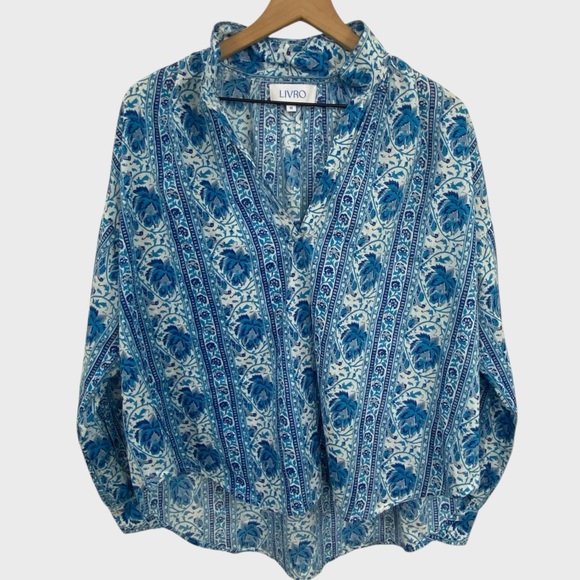 LIVRO Blue White Floral Bohemian Long Sleeve Shirt Size Medium - Picture 1 of 8